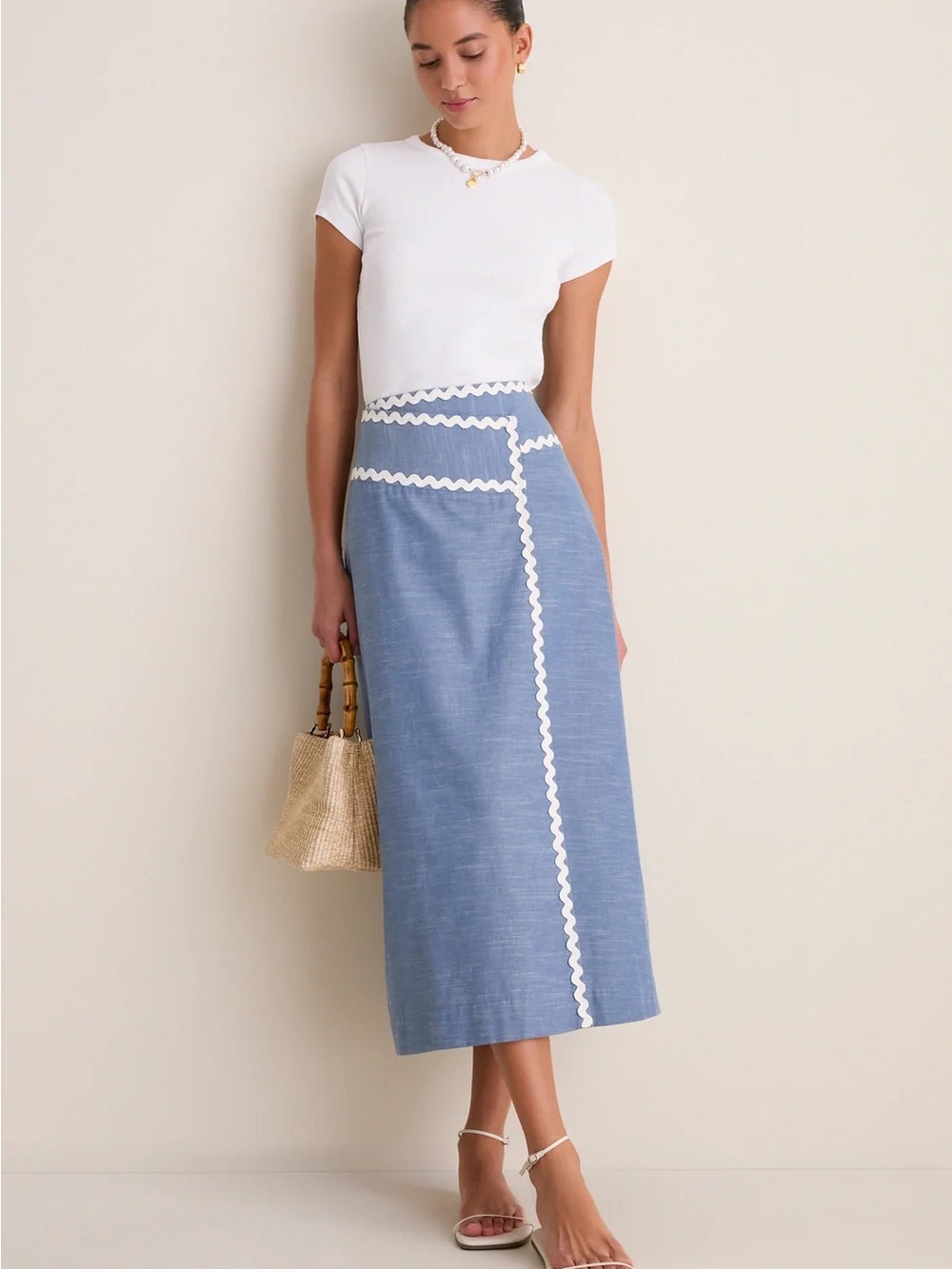 Tuckernuck Chambray Blue Midi Skirt with White Rickrack - Picture 7 of 8